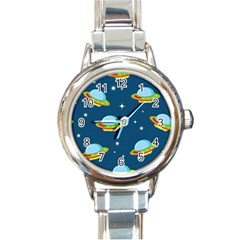 Seamless Pattern Ufo With Star Space Galaxy Background Round Italian Charm Watch by Vaneshart