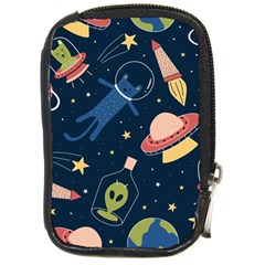 Seamless Pattern With Funny Aliens Cat Galaxy Compact Camera Leather Case