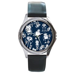 White Robot Blue Seamless Pattern Round Metal Watch