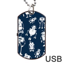 White Robot Blue Seamless Pattern Dog Tag Usb Flash (two Sides)