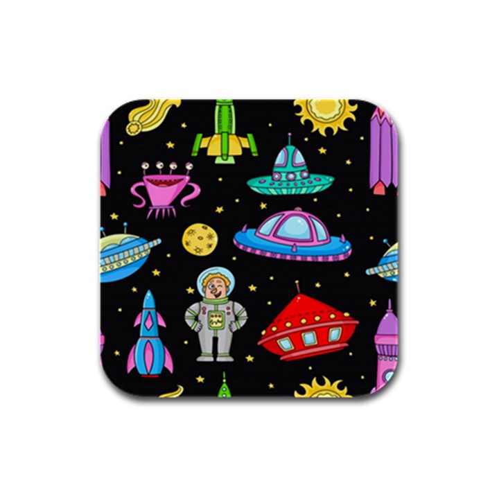 Seamless Pattern With Space Objects Ufo Rockets Aliens Hand Drawn Elements Space Rubber Square Coaster (4 pack) 