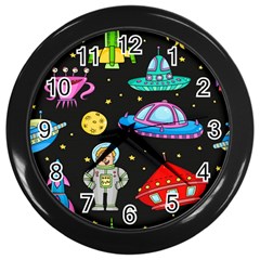 Seamless Pattern With Space Objects Ufo Rockets Aliens Hand Drawn Elements Space Wall Clock (black) by Vaneshart