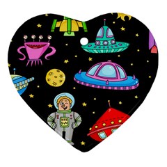 Seamless Pattern With Space Objects Ufo Rockets Aliens Hand Drawn Elements Space Heart Ornament (two Sides) by Vaneshart