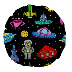 Seamless Pattern With Space Objects Ufo Rockets Aliens Hand Drawn Elements Space Large 18  Premium Flano Round Cushions