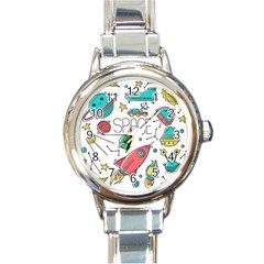 Space Cosmos Seamless Pattern Seamless Pattern Doodle Style Round Italian Charm Watch