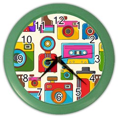 Retro Cameras Audio Cassettes Hand Drawn Pop Art Style Seamless Pattern Color Wall Clock by Vaneshart