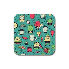 Seamless Pattern With Funny Monsters Cartoon Hand Drawn Characters Unusual Creatures Rubber Coaster (square) 