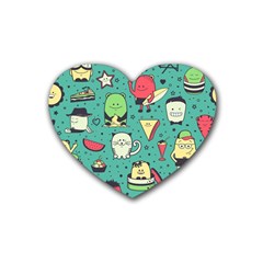 Seamless Pattern With Funny Monsters Cartoon Hand Drawn Characters Unusual Creatures Rubber Coaster (heart)  by Vaneshart
