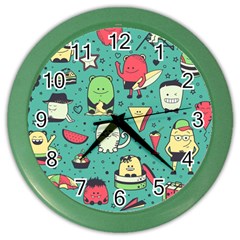 Seamless Pattern With Funny Monsters Cartoon Hand Drawn Characters Unusual Creatures Color Wall Clock by Vaneshart