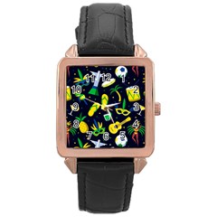 Seamless Brazilian Carnival Pattern With Musical Instruments Rose Gold Leather Watch 