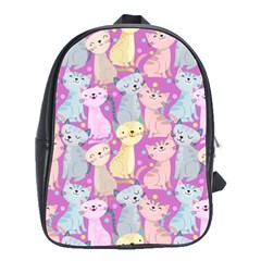 Colorful Cute Cat Seamless Pattern Purple Background School Bag (large)