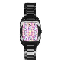 Colorful Cute Cat Seamless Pattern Purple Background Stainless Steel Barrel Watch by Vaneshart