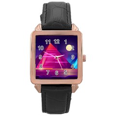 Egyptian Pyramids Night Landscape Cartoon Rose Gold Leather Watch 