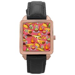 Seamless Pattern Mexican Food Hat Traditional Rose Gold Leather Watch 