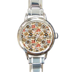 Music Retro Seamless Pattern Round Italian Charm Watch by Vaneshart