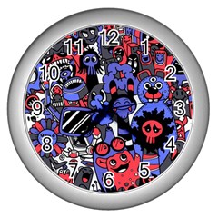 Cute Halloween Monsters Set Background Wall Clock (silver)