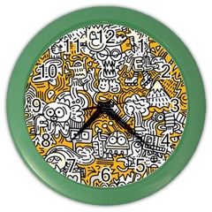 Hand Drawn Vector Illustration Doodle Funny World Color Wall Clock by Vaneshart