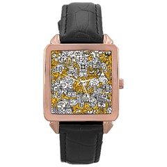Hand Drawn Vector Illustration Doodle Funny World Rose Gold Leather Watch 