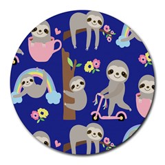 Hand Drawn Cute Sloth Pattern Background Round Mousepads