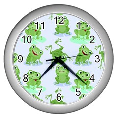 Cute Green Frogs Seamless Pattern Wall Clock (silver)