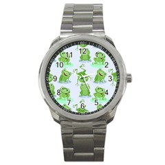 Cute Green Frogs Seamless Pattern Sport Metal Watch by Vaneshart