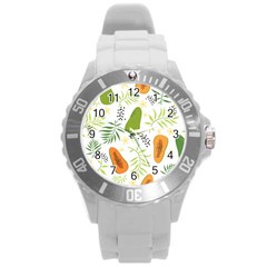 Seamless Tropical Pattern With Papaya Round Plastic Sport Watch (l) by Vaneshart