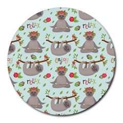 Seamless Pattern With Cute Sloths Relax Enjoy Yoga Round Mousepads