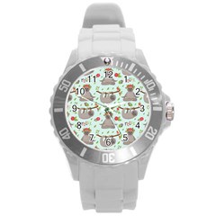 Seamless Pattern With Cute Sloths Relax Enjoy Yoga Round Plastic Sport Watch (l) by Vaneshart