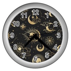 Asian Seamless Pattern With Clouds Moon Sun Stars Vector Collection Oriental Chinese Japanese Korean Wall Clock (silver)