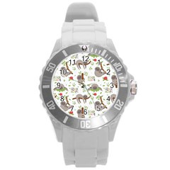 Seamless Pattern With Cute Sloths Sleep More Round Plastic Sport Watch (l) by Vaneshart