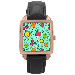 Various Fruits With Faces Seamless Pattern Rose Gold Leather Watch  by Vaneshart