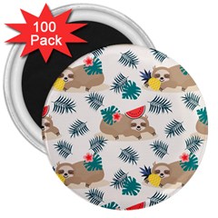 Cute Lazy Sloth Summer Fruit Seamless Pattern 3  Magnets (100 Pack) by Vaneshart