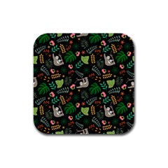 Floral Pattern With Plants Sloth Flowers Black Backdrop Rubber Square Coaster (4 Pack)  by Vaneshart