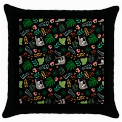 Floral Pattern With Plants Sloth Flowers Black Backdrop Throw Pillow Case (black) by Vaneshart