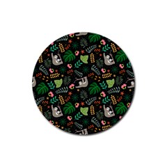 Floral Pattern With Plants Sloth Flowers Black Backdrop Rubber Round Coaster (4 Pack)  by Vaneshart