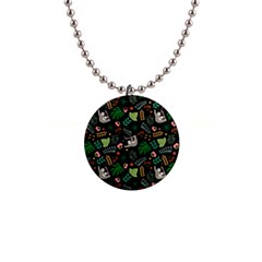 Floral Pattern With Plants Sloth Flowers Black Backdrop 1  Button Necklace by Vaneshart