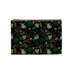 Floral Pattern With Plants Sloth Flowers Black Backdrop Cosmetic Bag (medium)