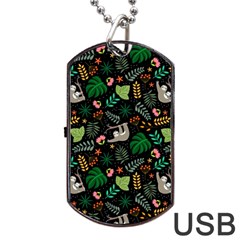Floral Pattern With Plants Sloth Flowers Black Backdrop Dog Tag Usb Flash (two Sides)