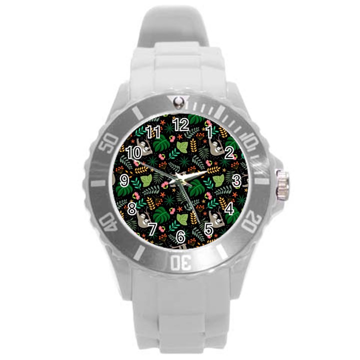 Floral Pattern With Plants Sloth Flowers Black Backdrop Round Plastic Sport Watch (L)