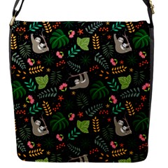 Floral Pattern With Plants Sloth Flowers Black Backdrop Flap Closure Messenger Bag (s)