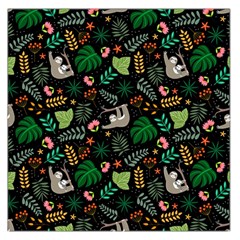 Floral Pattern With Plants Sloth Flowers Black Backdrop Large Satin Scarf (square)