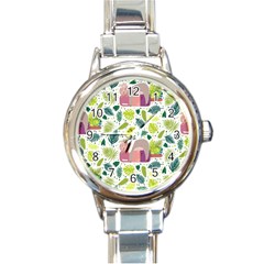 Cute Sloth Sleeping Ice Cream Surrounded By Green Tropical Leaves Round Italian Charm Watch