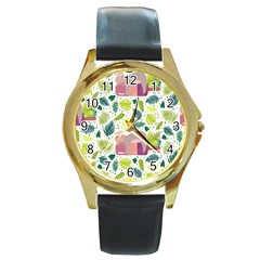 Cute Sloth Sleeping Ice Cream Surrounded By Green Tropical Leaves Round Gold Metal Watch