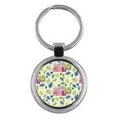 Cute Sloth Sleeping Ice Cream Surrounded By Green Tropical Leaves Key Chain (round)