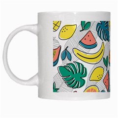 Seamless Pattern Tropical Fruit Banana Watermelon Papaya Lemon Orange Monstera White Mugs by Vaneshart