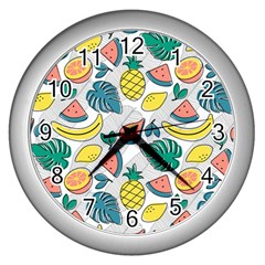 Seamless Pattern Tropical Fruit Banana Watermelon Papaya Lemon Orange Monstera Wall Clock (silver)