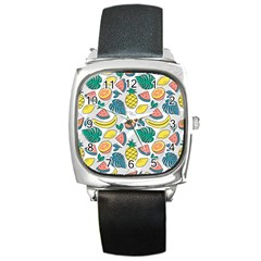 Seamless Pattern Tropical Fruit Banana Watermelon Papaya Lemon Orange Monstera Square Metal Watch by Vaneshart