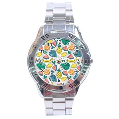 Seamless Pattern Tropical Fruit Banana Watermelon Papaya Lemon Orange Monstera Stainless Steel Analogue Watch