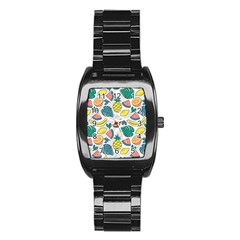 Seamless Pattern Tropical Fruit Banana Watermelon Papaya Lemon Orange Monstera Stainless Steel Barrel Watch