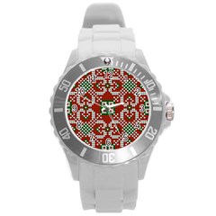 Grandma S Christmas Knitting Pattern Red Green White Colors Round Plastic Sport Watch (l) by Vaneshart